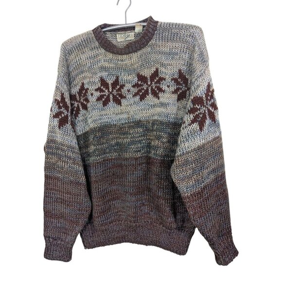 Vintage 90s Hand Knit Sweater Pullover L Brown Nordic Cabin Granola Fair Isle - Picture 2 of 5